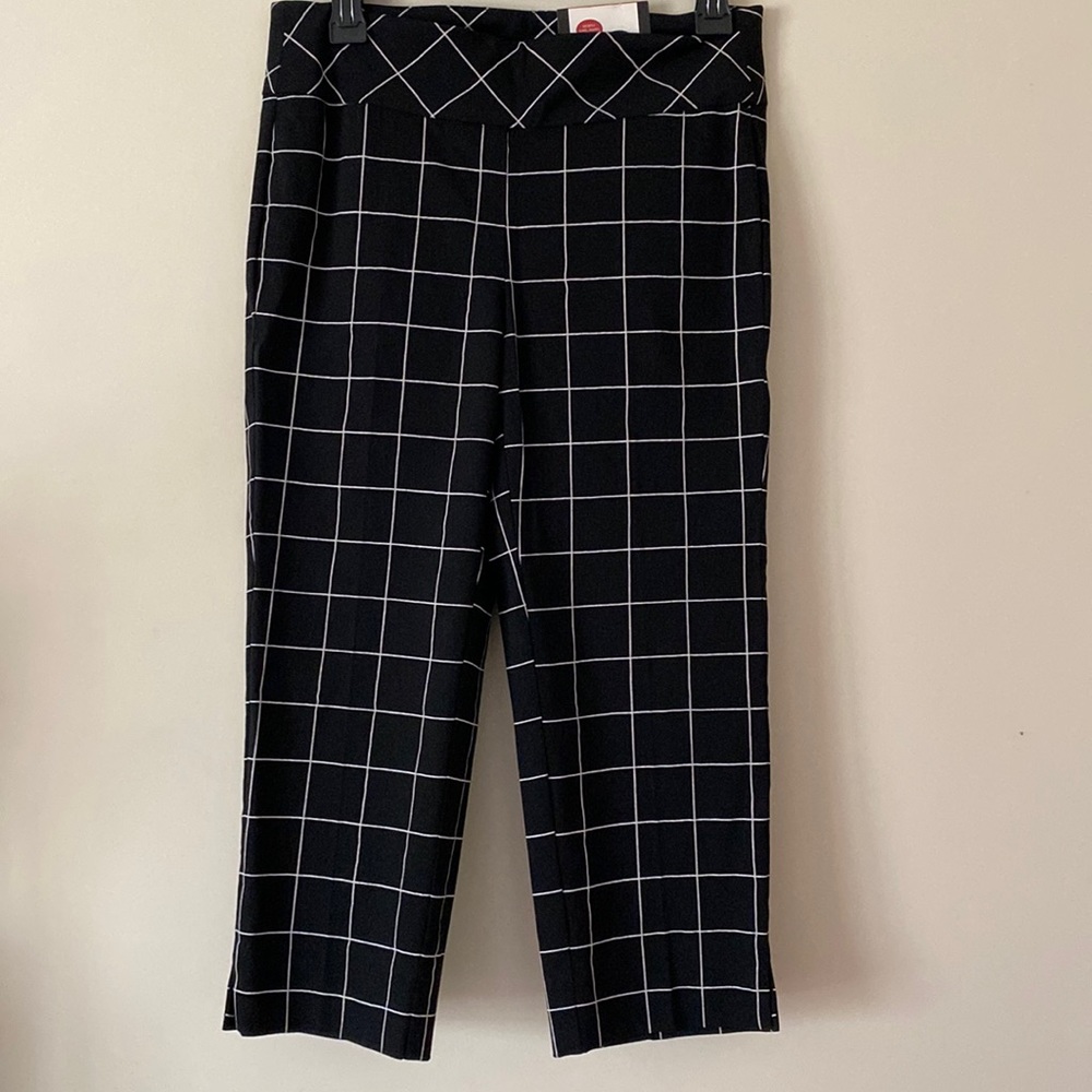 Roz & Ali windowpane Cropped slacks Pants 5 stretch capris black white grid